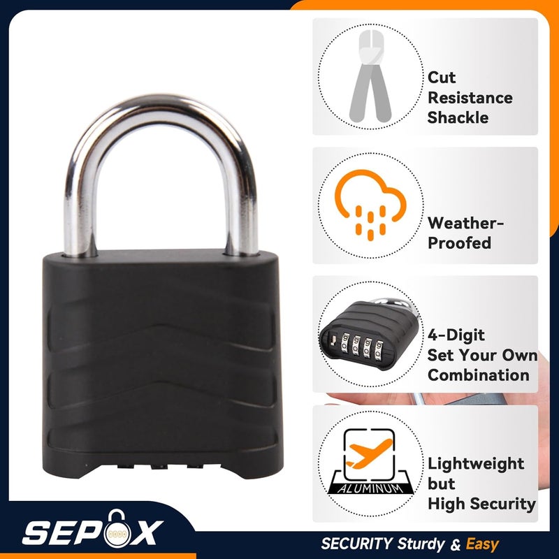 SEPOX 4PCS Large Combination Padlock, Outdoor Combo Lock 2.2" 55mm Heavy Duty Weatherproof, Ressetable 4 Digital, Security Aluminum Body, Uncuttable Shackle, for Warehouse, Home, School, Gate, Garden - Image 2
